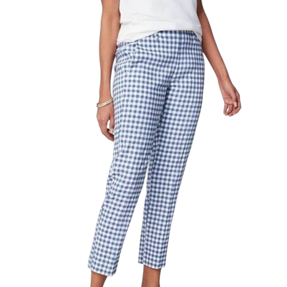 J. Jill Linen Stretch Slim-Leg Pants Blue Gingham Plaid Size XSP - Picture 2 of 8